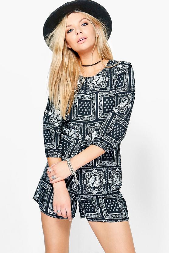 Hannah Multi Paisley Print 3/4 Sleeve Playsuit